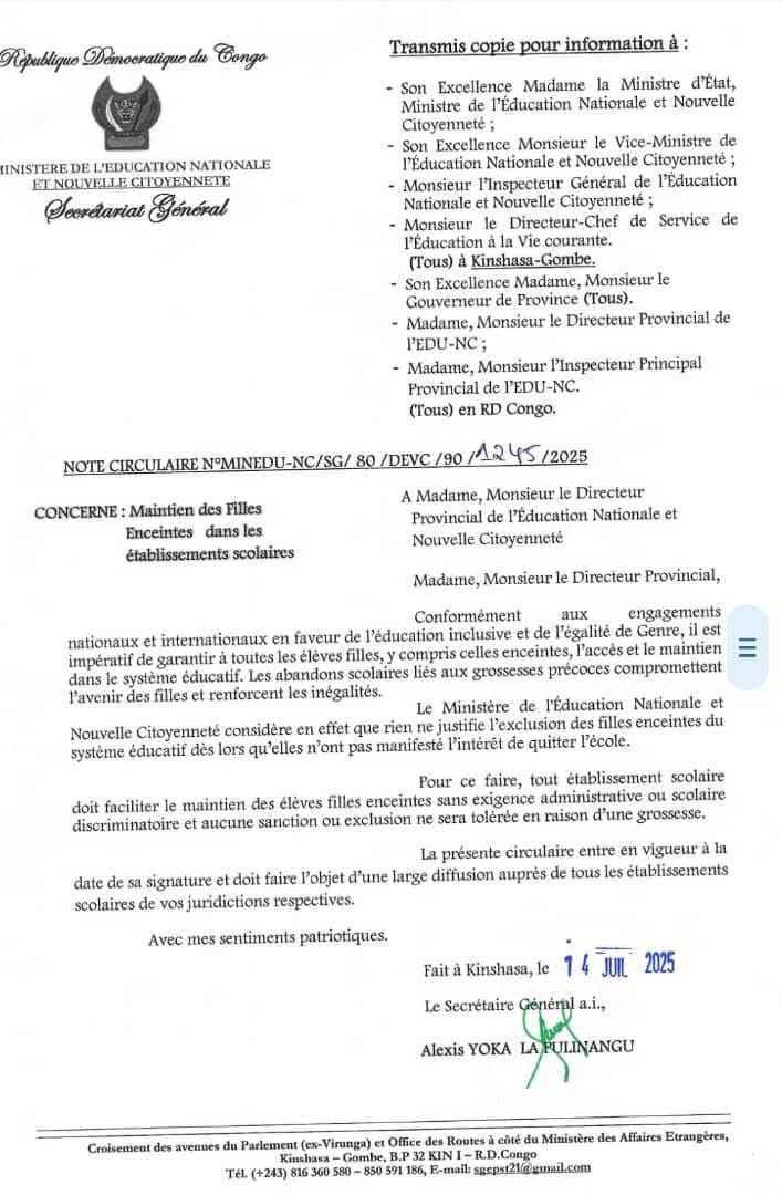 Read more about the article Éducation: les écoles désormais interdites d’exclure les élèves enceintes (CongoForum)