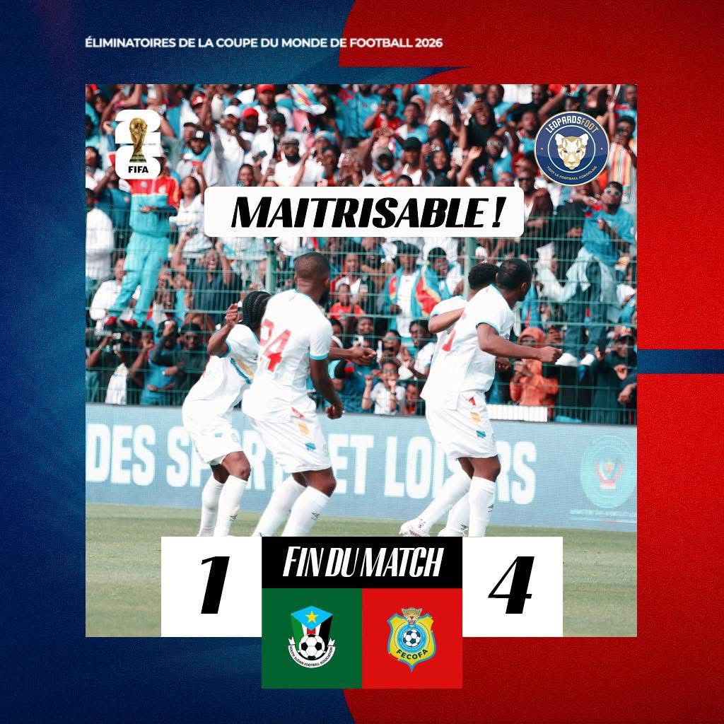 Read more about the article Coupe du Monde 2026: les Léopards corrigent le Soudan du Sud sur le score de 4-1 à Juba (CongoForum)
